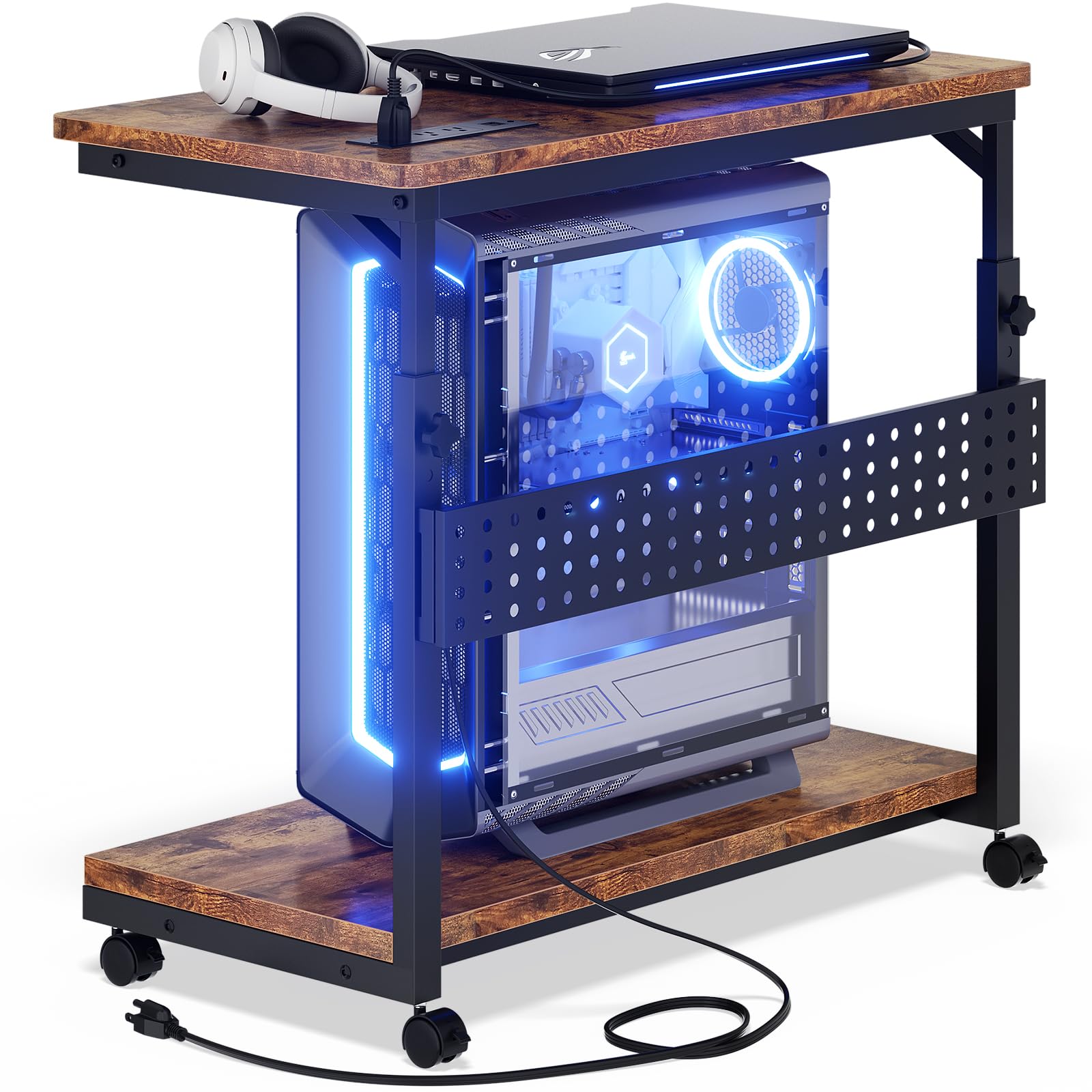 Besiost Soporte de torre para computadora con regletas de alimentación, soporte de torre de PC ajustable en altura con ruedas, soporte móvil para CPU, soporte lateral para carrito de computadora para