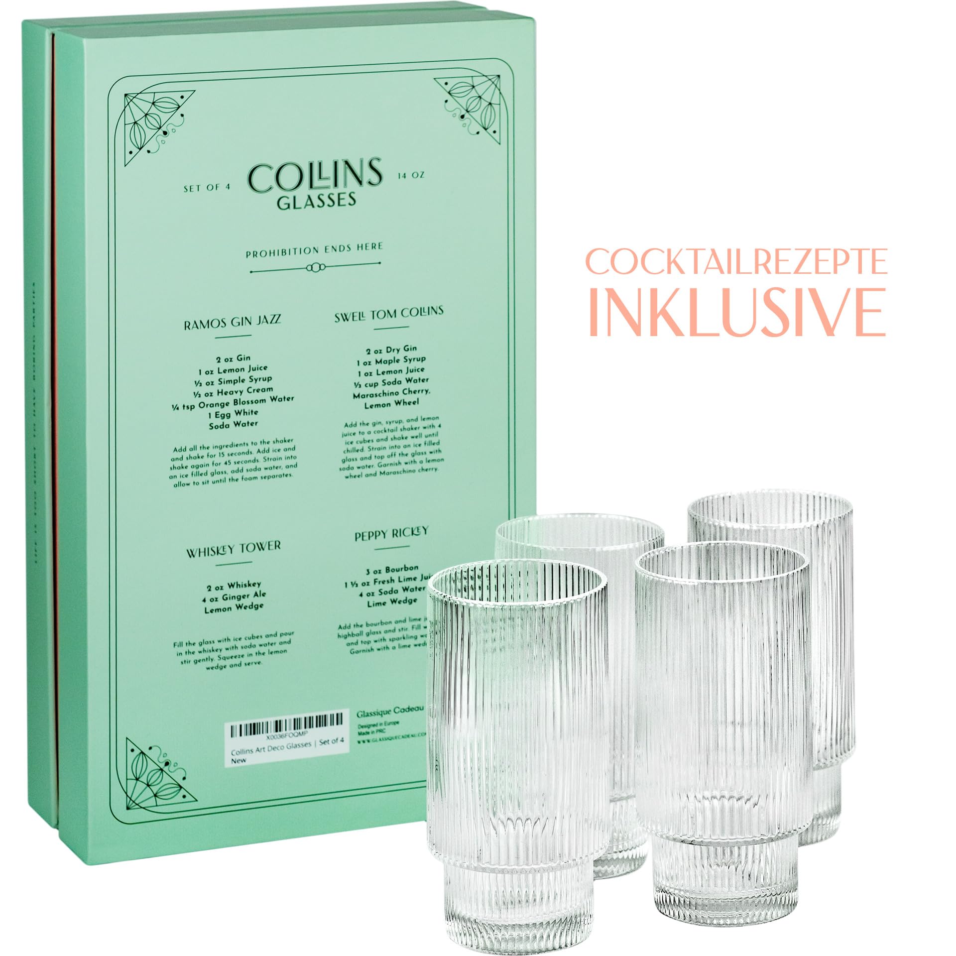 GLASSIQUE CADEAU Vintage Art Deco Collins Gin Longdrink Gerippte Cocktailgläser | 4er Set | 400 ml Schmale Hohe Geriffelte Highball Longdrink Gläser für Mojito Cocktails