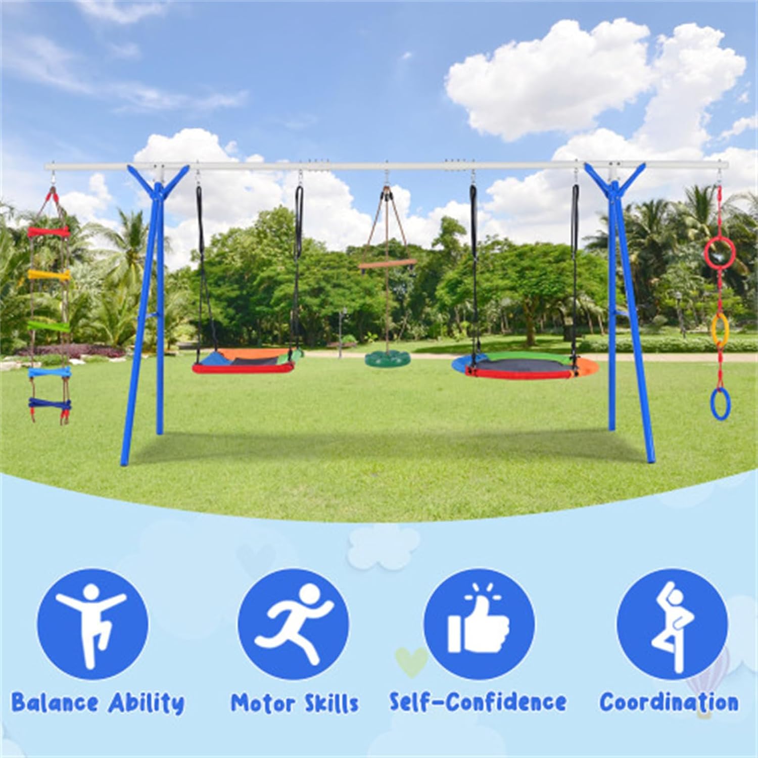 5 in 1 Outdoor Kids Backyard Swing Set, Playground Swing with Steel Frame, Multifunctional Play Facility for Kids with Climbing Ladder, UFO Swing, Horizontal Bar Swing, Disc Swing and Swing Ring