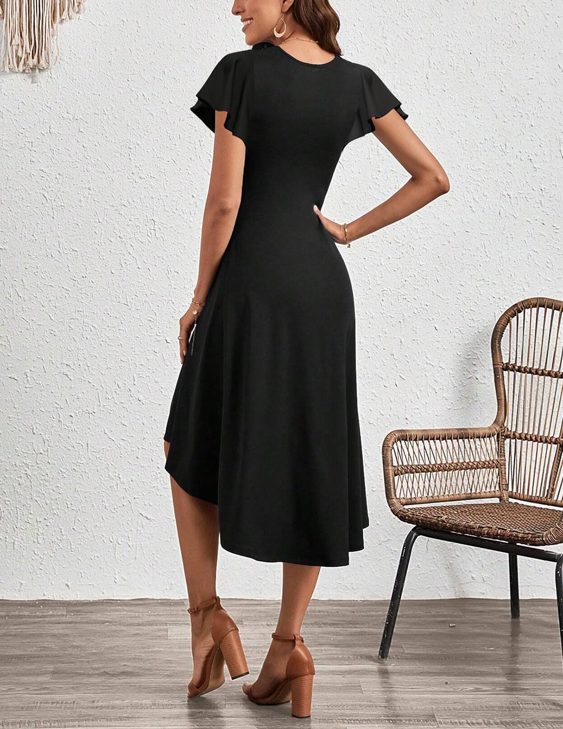 Robe Femme Chic et Elegant Midi Robe de Cocktail Mancheà Volants Robe Unie A-Line à Plis de Taille Robe de Soirée Fête Affaires