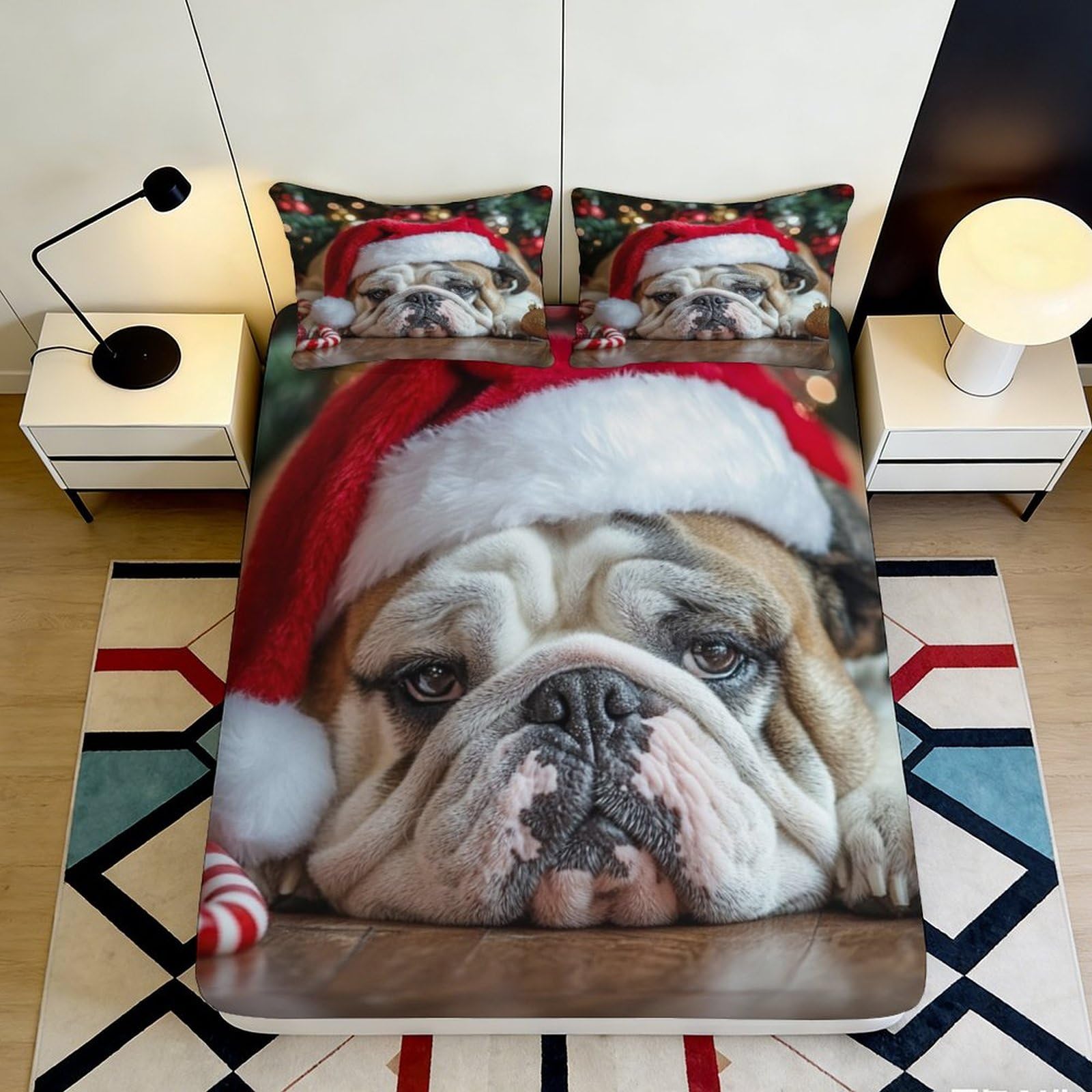3D Printed Christmas Bulldog Fitted Sheet Microfiber Soft Bed Cover with Santa Hat for Bedroom Guest Room Decor 90x200x25cm