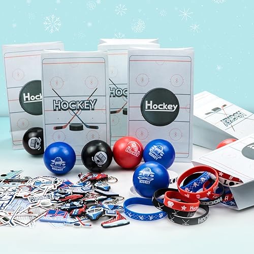 Miniatura 6 de PIXHOTUL Regalos de fiesta de hockey 129 piezas de suministros de fiesta de hockey pelotas de hockey de espuma, pulseras de silicona, calcomanías