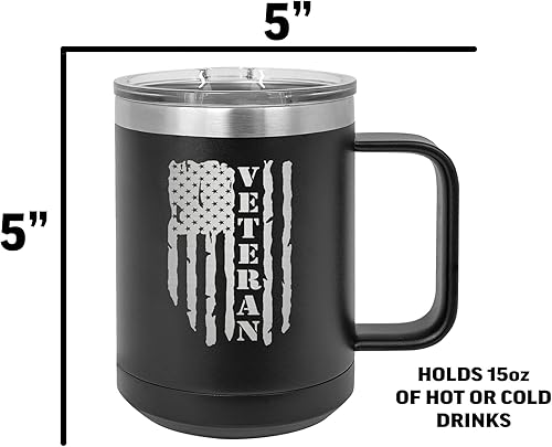 Miniatura 4 de Rogue River Tactical Taza de café negra de acero inoxidable con tapa con diseño de veterano de la bandera estadounidense de Estados Unidos, gran