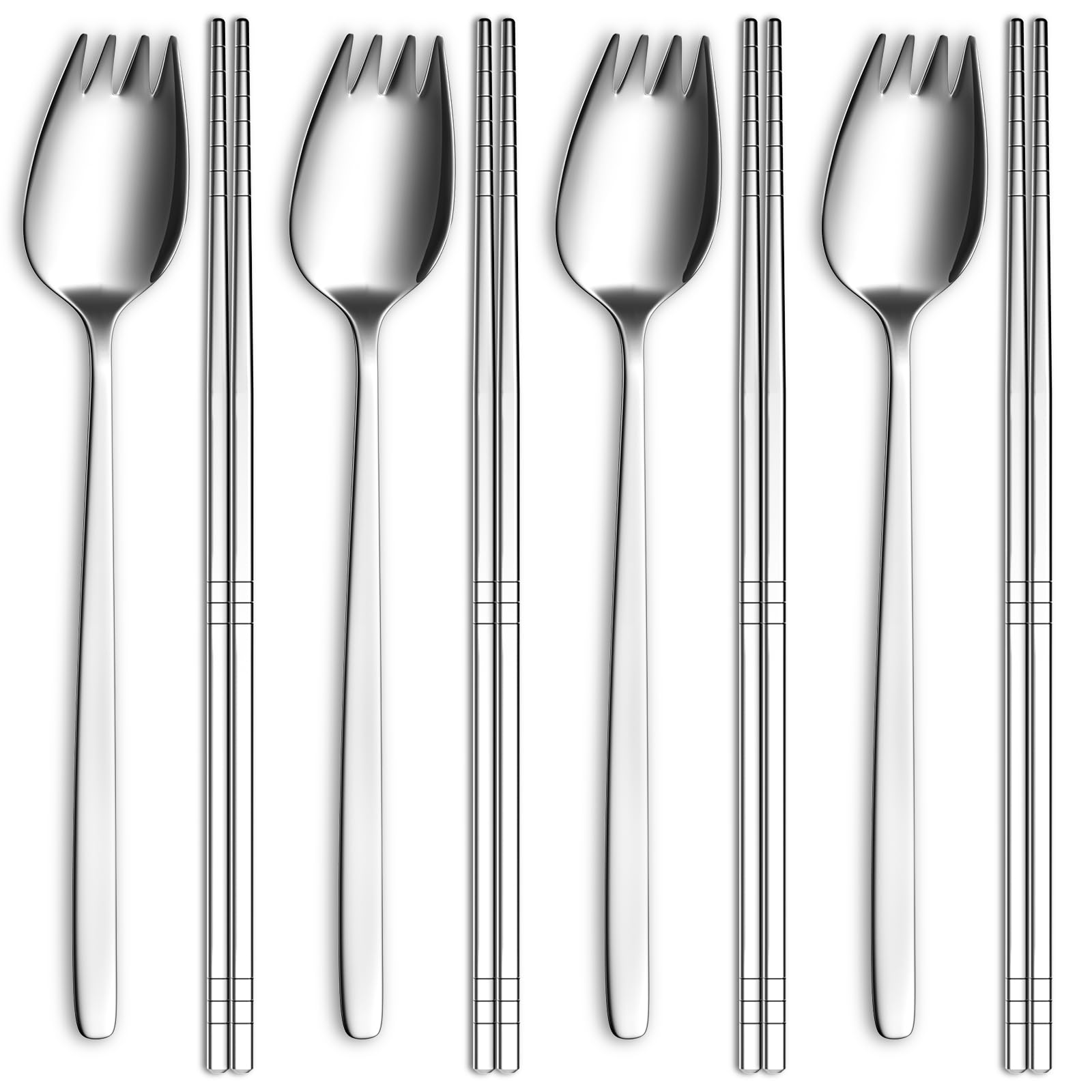 Reusable Sporks and Chopsticks Set, 4 Piece Long Handle Stainless Steel Sporks and Chopsticks Set, Dishwasher Safe for Home, Kitchen or Restaurant