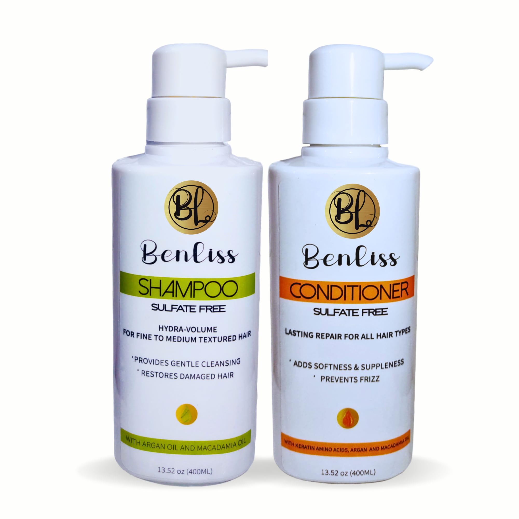 Benliss Shampoo and Conditioner Set With Argan and Macadamia Oil- Sulfate Free - For Straight, Curly, Frizzy, Dry - Hair Repair for Damaged Hair -