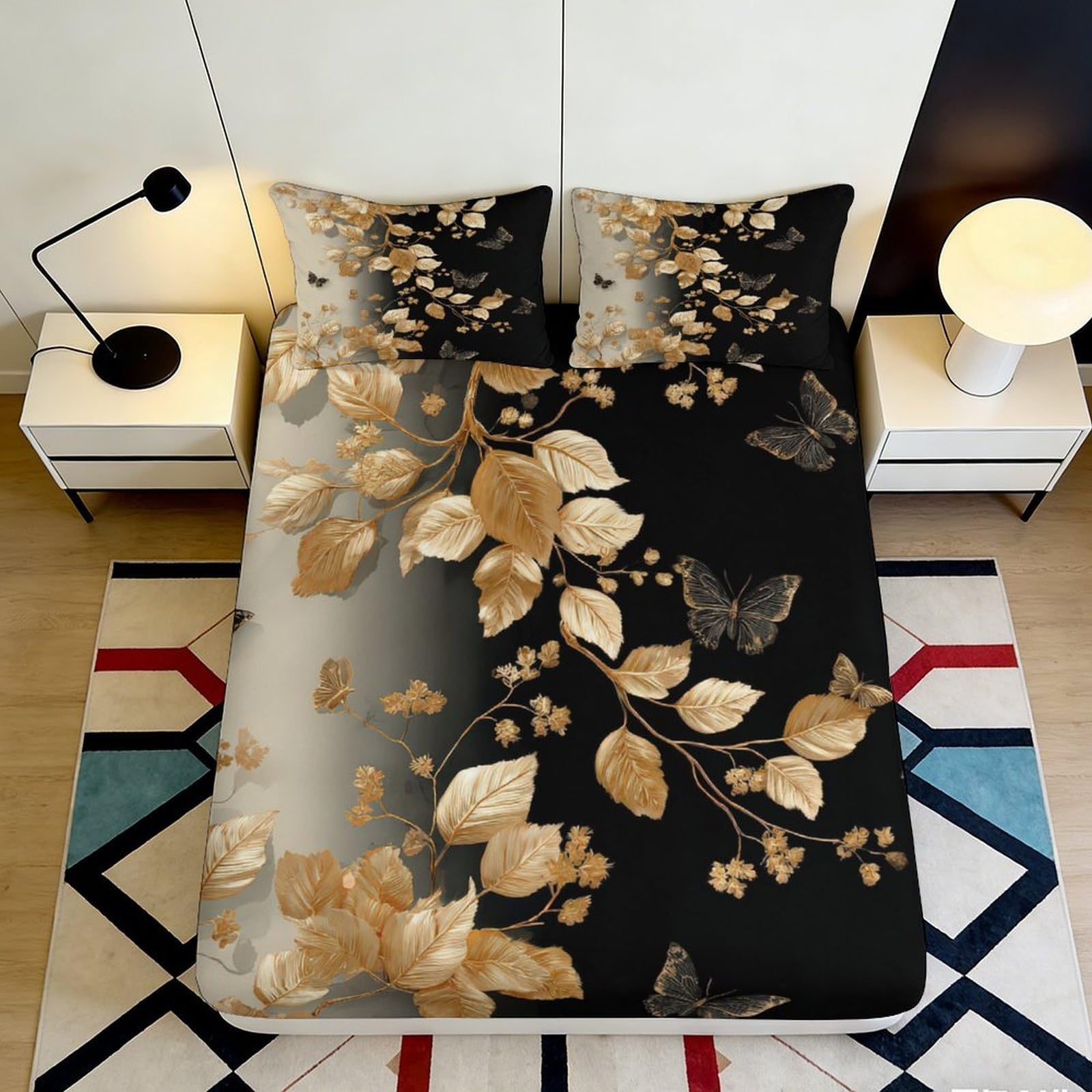 3D Printed Golden Leaves Fitted Sheet Microfiber Soft Breathable Butterfly Bed Cover for Bedroom Dormitory Guest Room Mattress Protection Decor 120x200x25cm