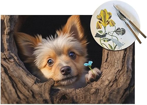 Miniatura 5 de 6 PCS PVC Placemats Set Place Mats A Puppy Sitting in a Tree Hole Non-Slip Weave Place Mats 12" x 18" Farmhouse Table Mat Set for Family Dinners