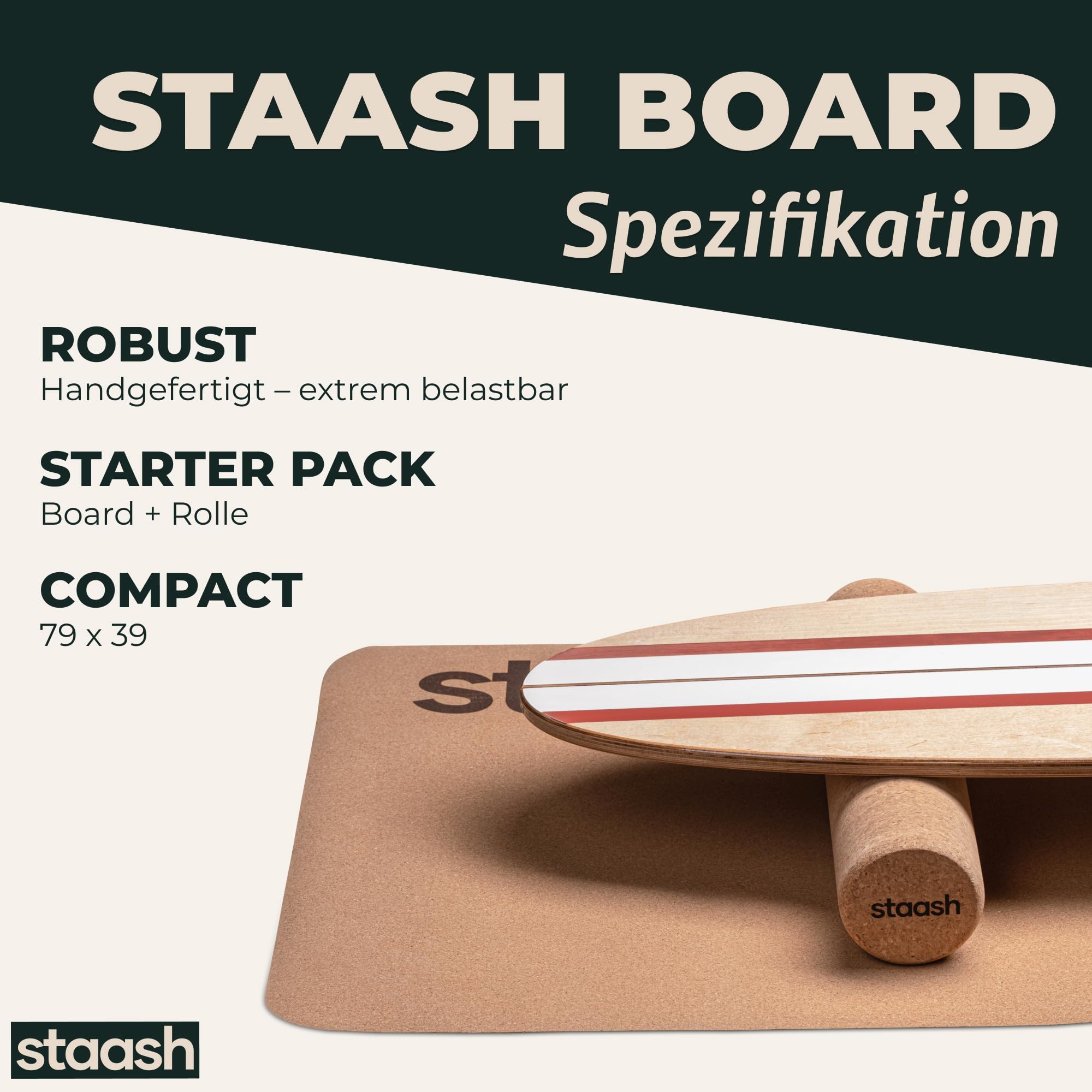 STAASH® Balance Board Holz – Pro Gleichgewichtstrainer inkl. Schutzmatte, Rolle, Halbkugel & Korkball + Videokurs – Indoor-Surfen & Stabilitätstraining