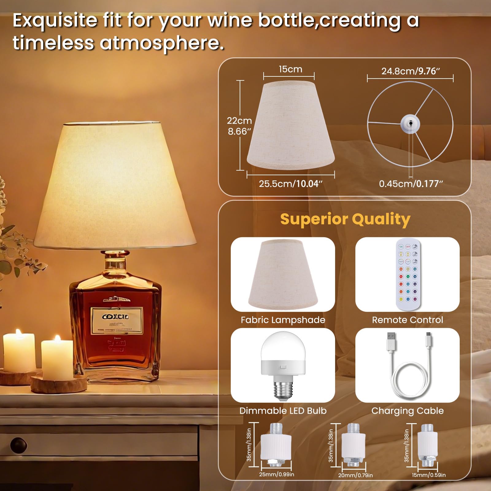 Lamptobe Wireless Bottle Lamp with Rmote,15 Color Stepless Dimming Wine Bottle Lamp,Fabric Cordless Table lamp with Rechargeable E27 LED Bulb for Bedroom,Restaurant,Bar(Excluding Bottle) - Image 3