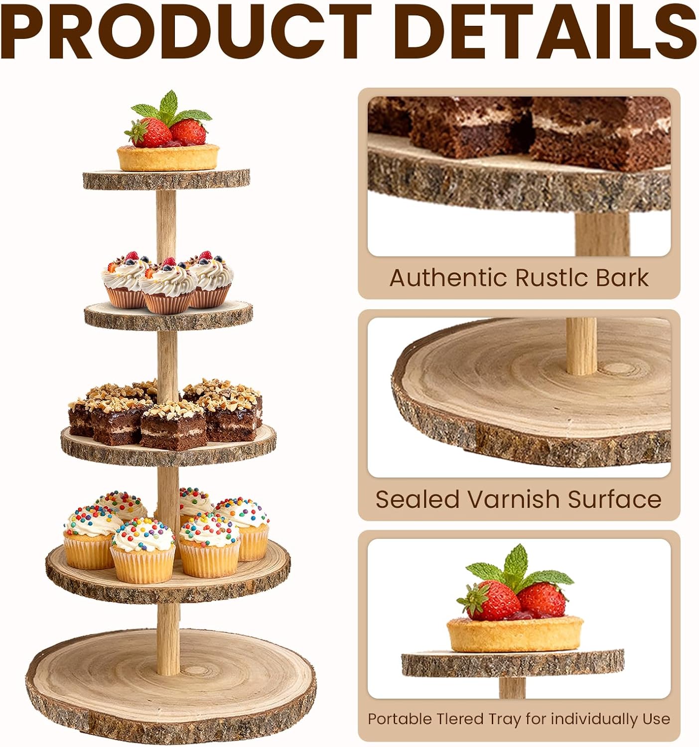 5 Tier Wooden Cupcake Stand, 6" 7" 9" 11" 13" Large Rustic Cupcake Display Holder Stand Wood Cupcake Holder Farmhouse Cake Stand for Wedding, Party, Birthday, Holiday,Dessert Tower Christmas