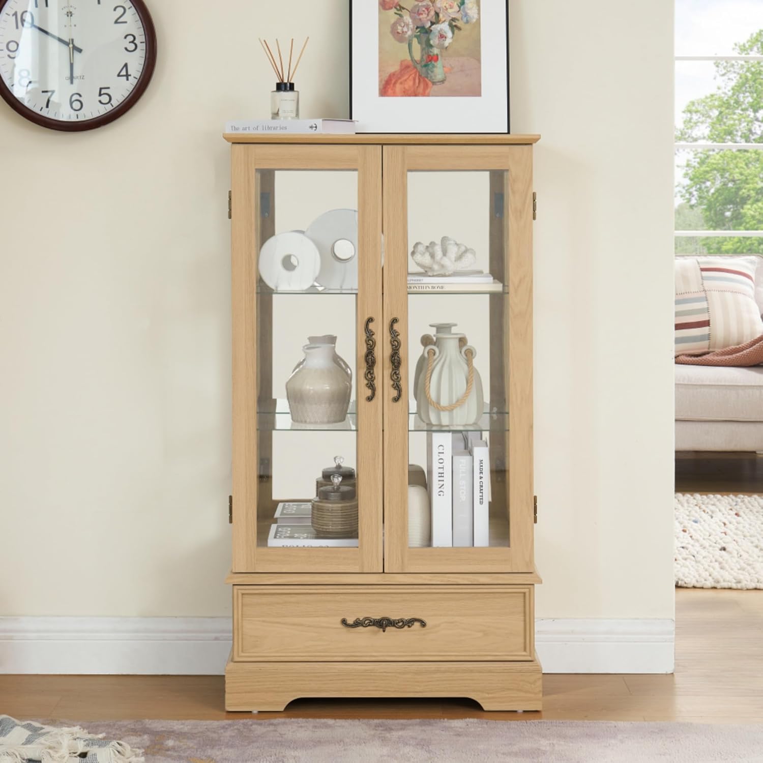 Glass Cabinet Lighted Curio Display Cabinet with Adjustable Shelves, 2 Doors and 1 Drawer, MDF and Tempered Glass, Vintage Retro Style, Ideal for Collectibles, 25.98"L x 11.81"W x 47.44"H (Oak)