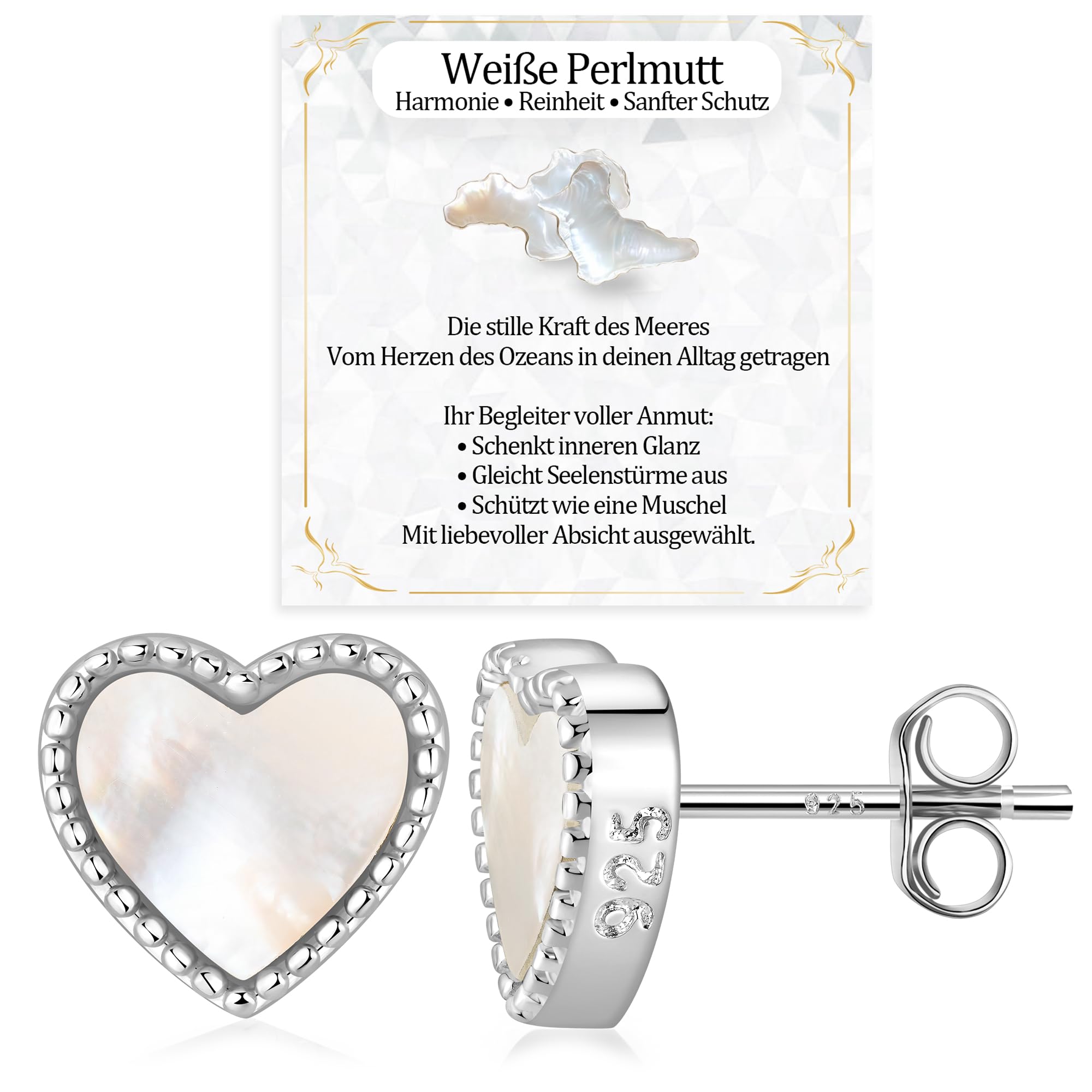 JANDY SHINE Herz Weiße Perlmutt/Schwarzer Onyx Ohrringe für Damen 925 Sterling Silber Hypoallergene Natürlicher Edelstein Ohrstecker