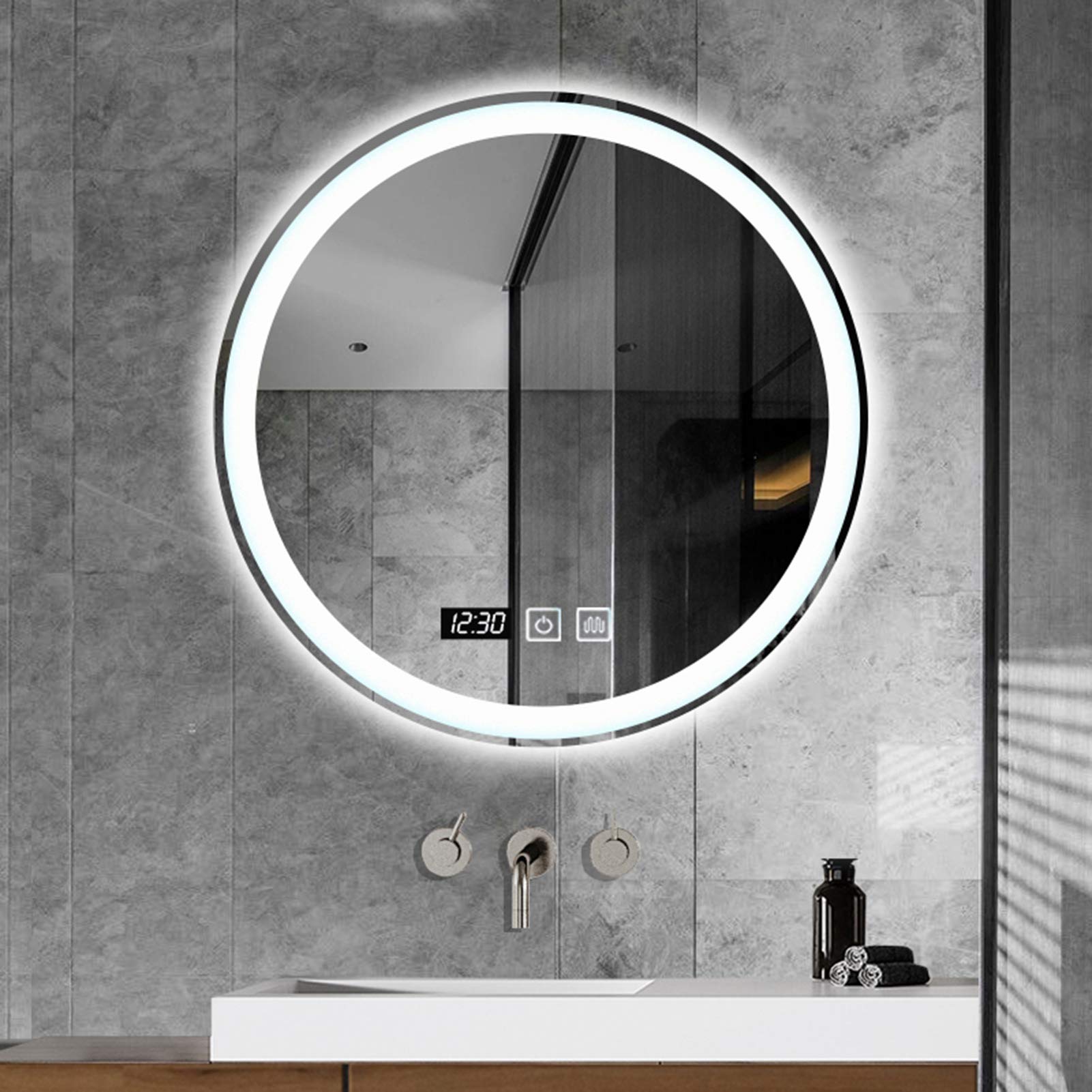 Miroir salle de bain rond à LED 60cm rétroéclairé avec double touche et heure