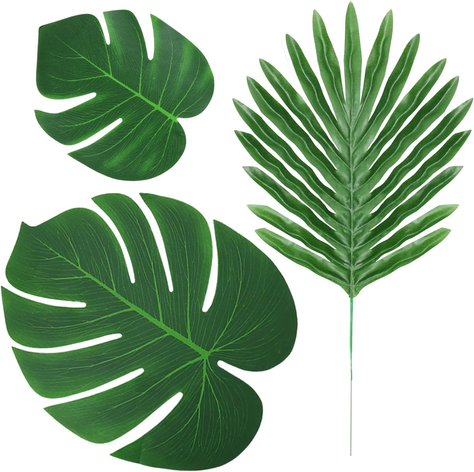 48 Pcs Artificial Palm Leaves Tropical Faux Leaves Decoration Jungle Party Safari Leaves for Hawaiian Luau Theme Birthday Party (3 Styles)