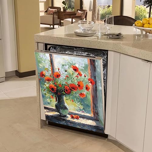 Miniatura 3 de Cubierta magnética de amapola roja floreciente en ventana de madera para lavavajillas de 23 x 26 pulgadas, flores rojas de acuarela, otoño,
