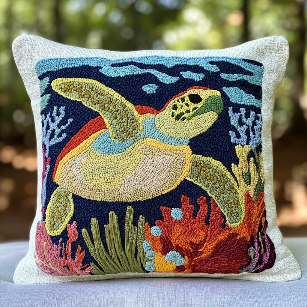 DIY Punch Needle Pillow Kit Green Sea Turtle and Corals with Pattern and Hoop Handmade Embroidery Punch Needle Starter Pillowcase Set for Home Sofa Decor 43x43cm-1-6