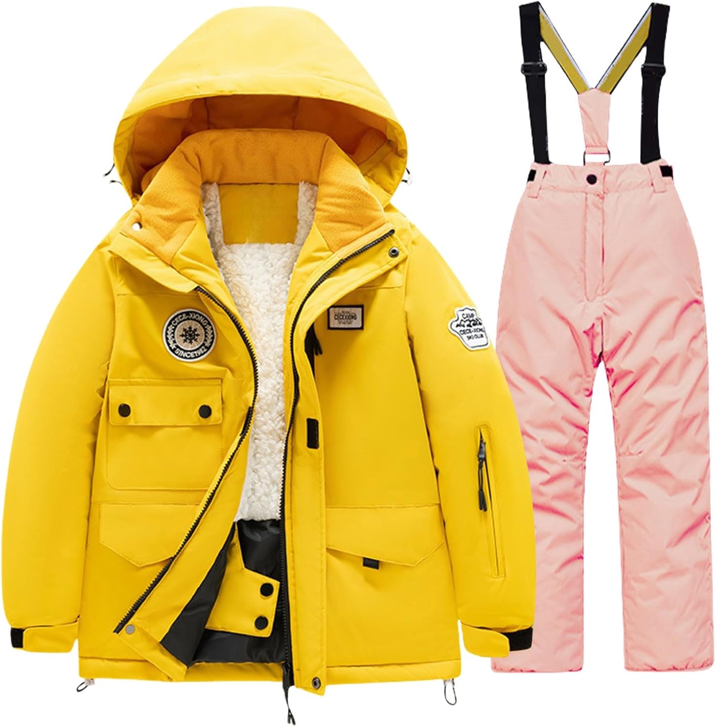 Toddler Kids Snowsuit Hooded Yellow Rain Jacket and Ski Pants Overalls 2 Piece Winter Warm 𝗪aterproof Outfit