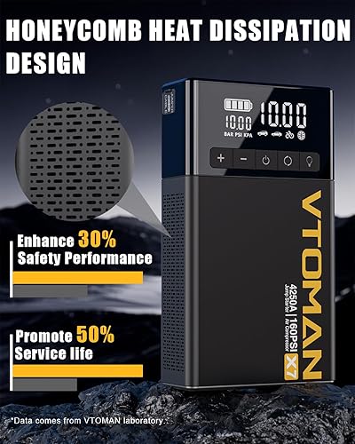Miniatura 9 de VTOMAN Arrancador de salto X7 con compresor de aire, batería 4250A y 160PSI para arrancador de coche portátil (10L gasolina10L diesel) con inflador