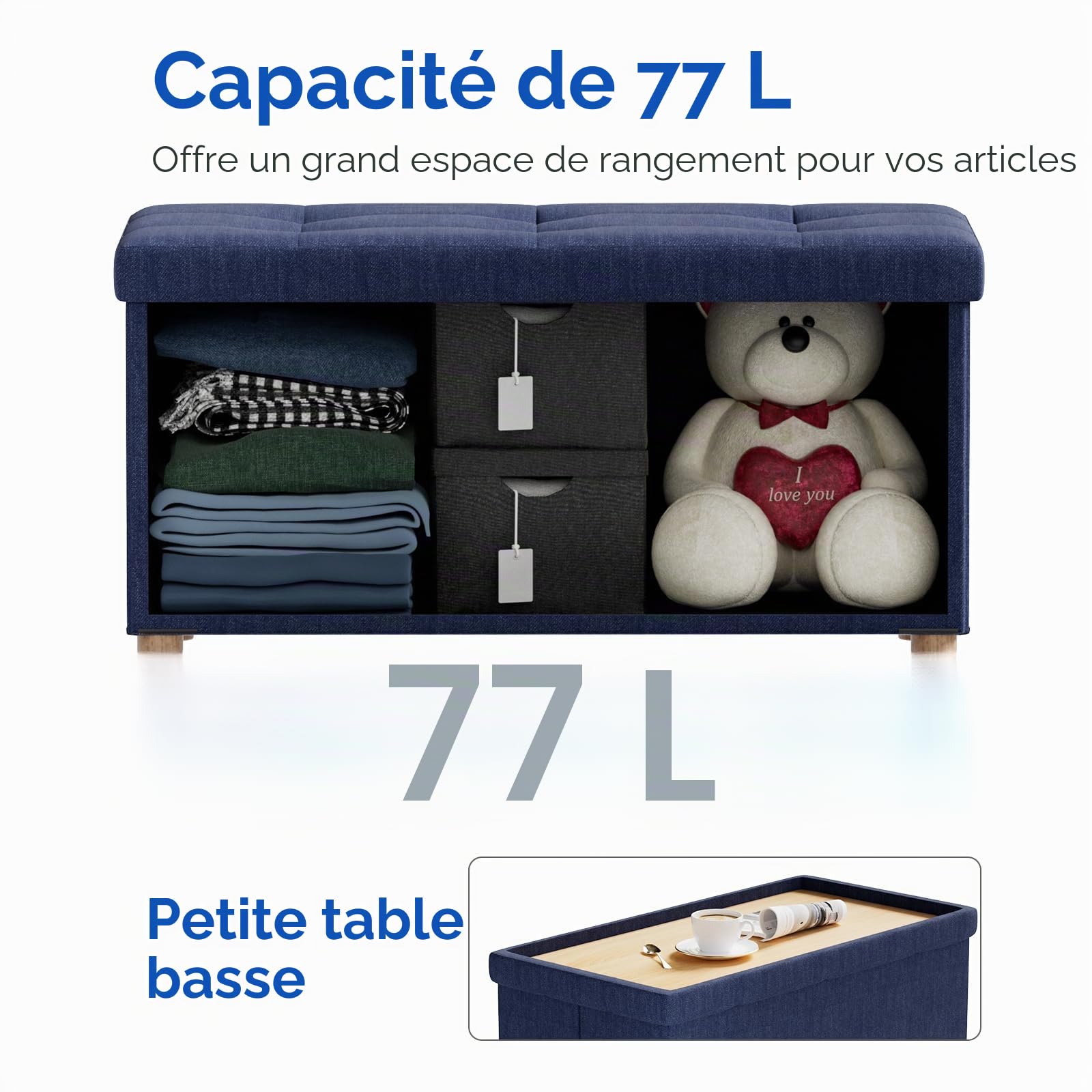 BRIAN & DANY Banc de Rangement, Coffre de Rangement, Pouf Pliable, Montage Facile, pour Salon, Chambre, Entrée, Bleu, 76 x 38 x 38 cm