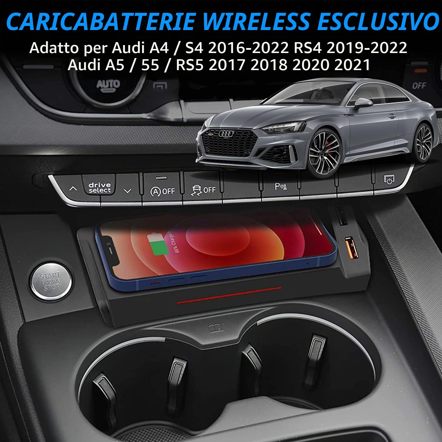 Caricatore Wireless Auto per Audi A4 S4 RS4 A5 S5 RS5 2017-2022, 15W Caricabatteria per Telefono a Ricarica Rapida per Audi A4 A5 Sedan/Allroad/Quattro/Coupe/Sportback/Cabriolet Accessorio