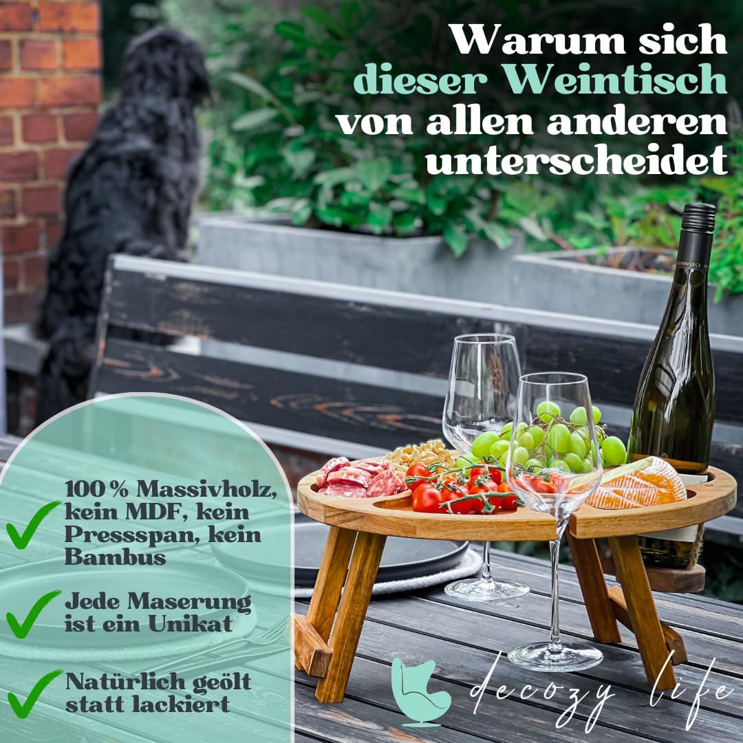 Decozy Life Weintisch Akazie Massivholz - Weinbar & Weintablett für Zuhause oder Outdoor - geeignet als Picknicktisch klappbar - Nutzbar als Weinhalter & Ideal als Strandtisch & Picknick Zubehör