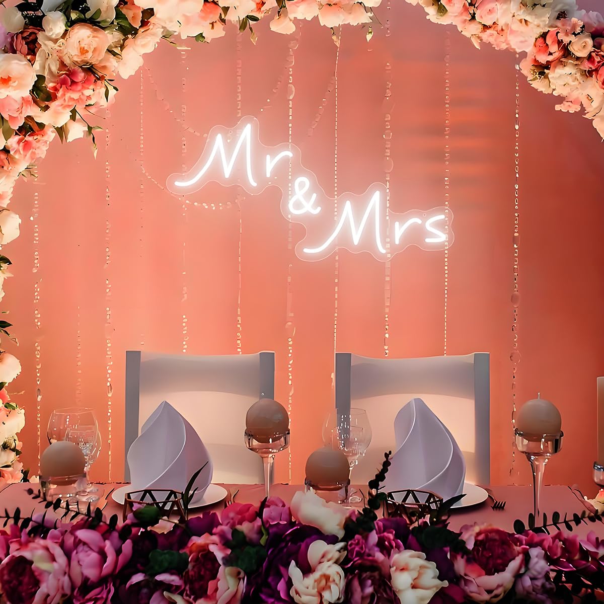 Letrero de neón para decoración de fiesta de boda, 41,9 x 21,8 cm | Mr & Mrs Sign - Decoración de fondo de aniversario para recepción, regalo para recién casados