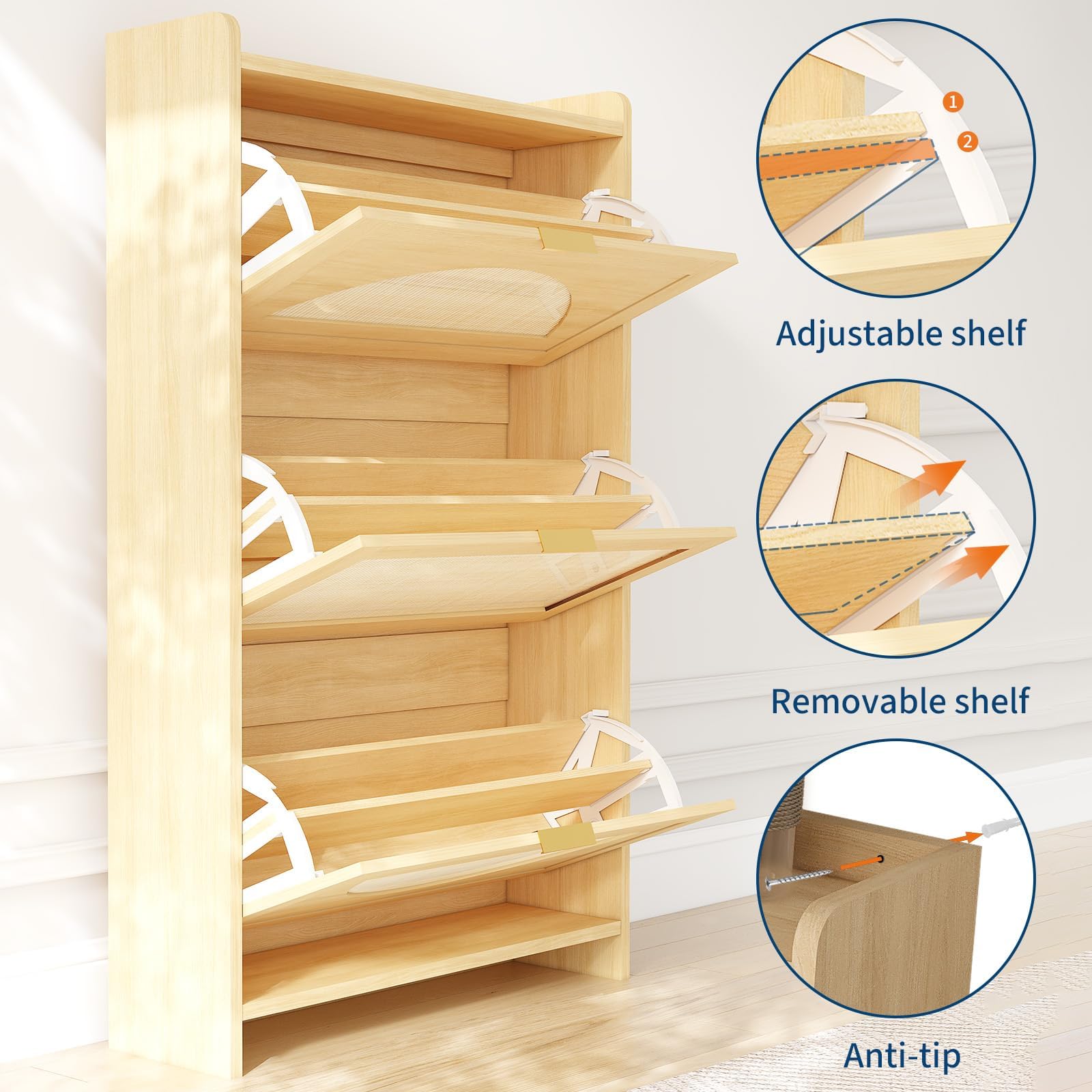 GarveeHome Armario Zapatero Estrecho para recibidor – 3 cajones abatibles, Puertas de ratán y estantes Ajustables – Organizador