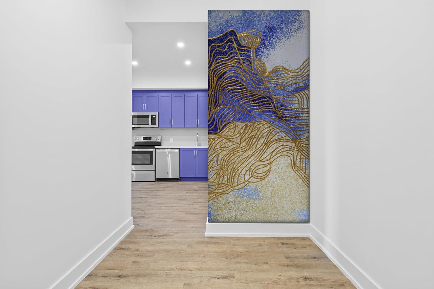 Waves Of Gold And Lapis Lazuli | Captivating Mosaic Artwork | Mosaic Designs By Mosaics Lab | Handmade Marble | This Masterpiece Is Great As Wall Art | Perfect For Any Office, Living Room.