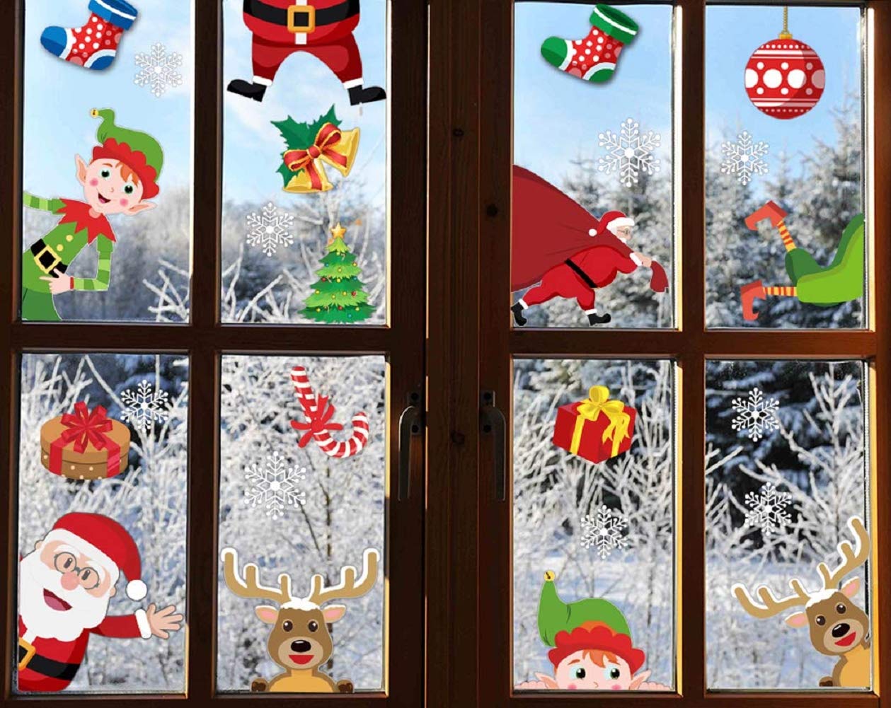HEEKPEK Christmas Decoration Christmas Window Clings Snowflake Winter Xmas Party Supplies Santa Claus Elf Reindeer Kid Peeking Decals Reusable Static Adhesive Sticker