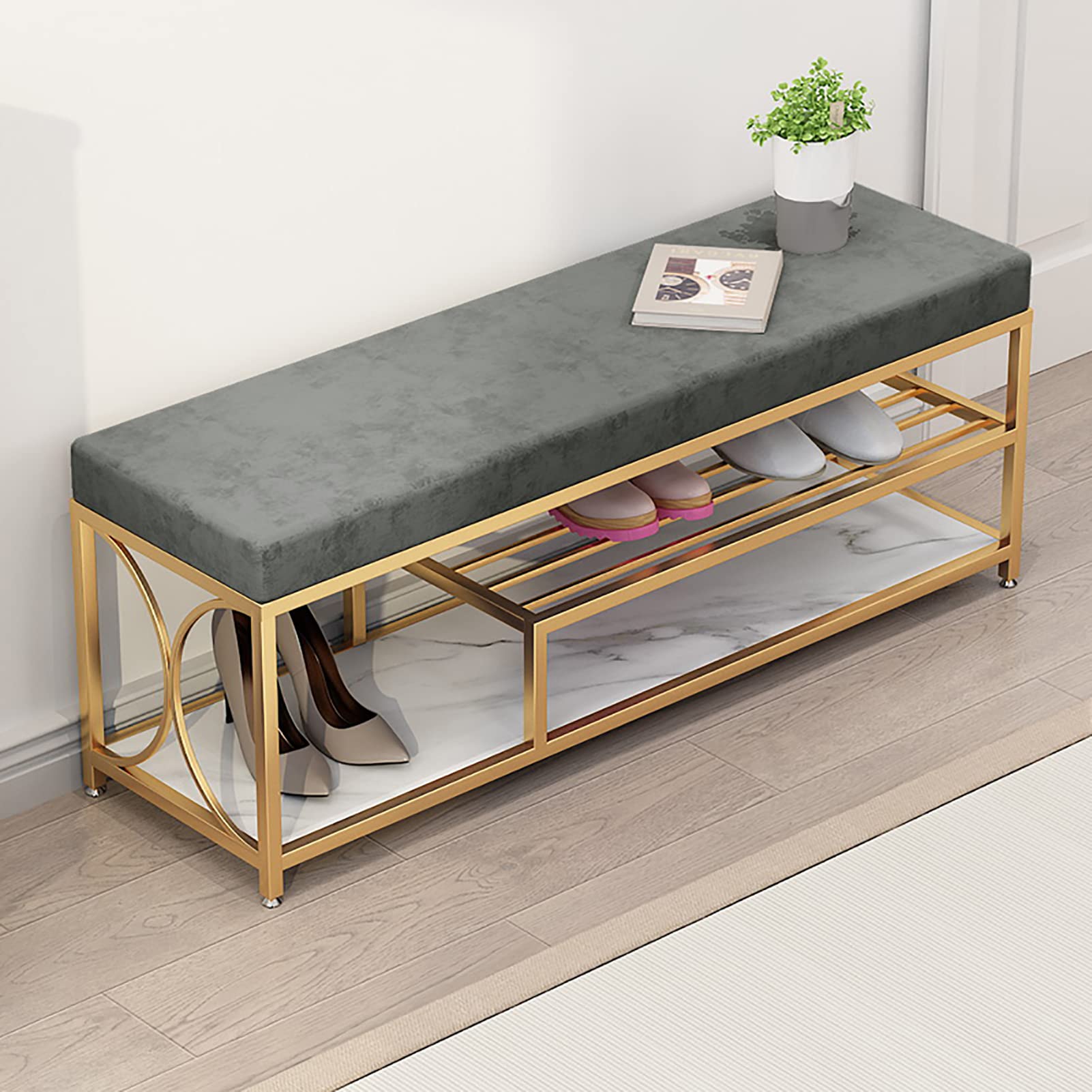 Banc à chaussures en velours rembourré et assise confortable pour chambre
