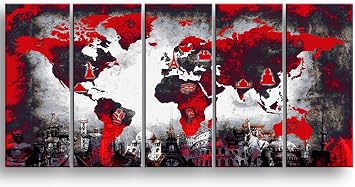 BoxColors Original Xlarge 30"x 70" 5 Panels 30x14 Ea Art Canvas Print Original Wonders of the world Red background Black & white Map Wall decor Home interior framed 1.5" depth