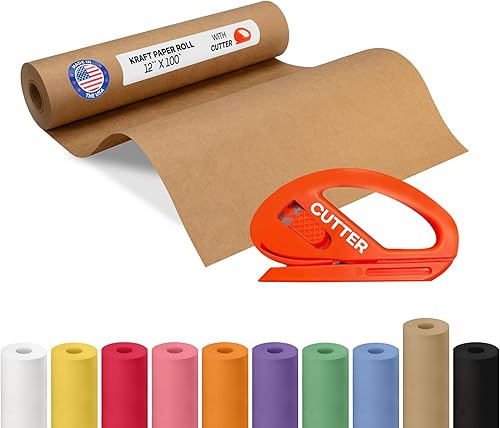 Vista 181 de Rollo de papel kraft marrón de 24 x 1800 pulgadas (150 pies) con cortador, papel de calidad fabricado en Estados Unidos, 50 libras de grosor