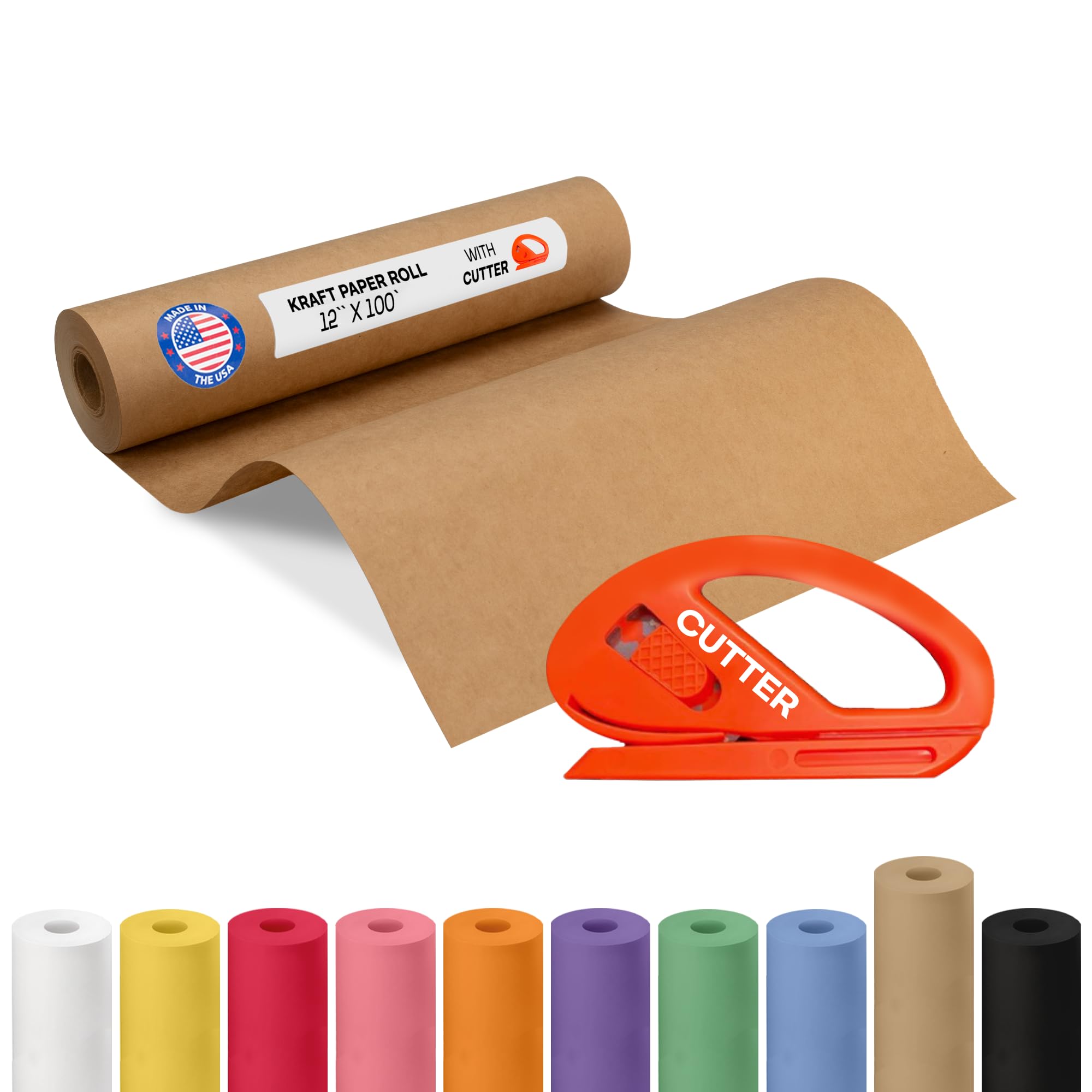 Brown Kraft Paper Roll 12" x 1200" (100 feet) with Cutter - USA-Made