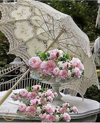 Miniatura 2 de Paraguas grande de encaje marfil de 35 pulgadas con diseño elegante y mango de madera, sombrilla para novia y ducha