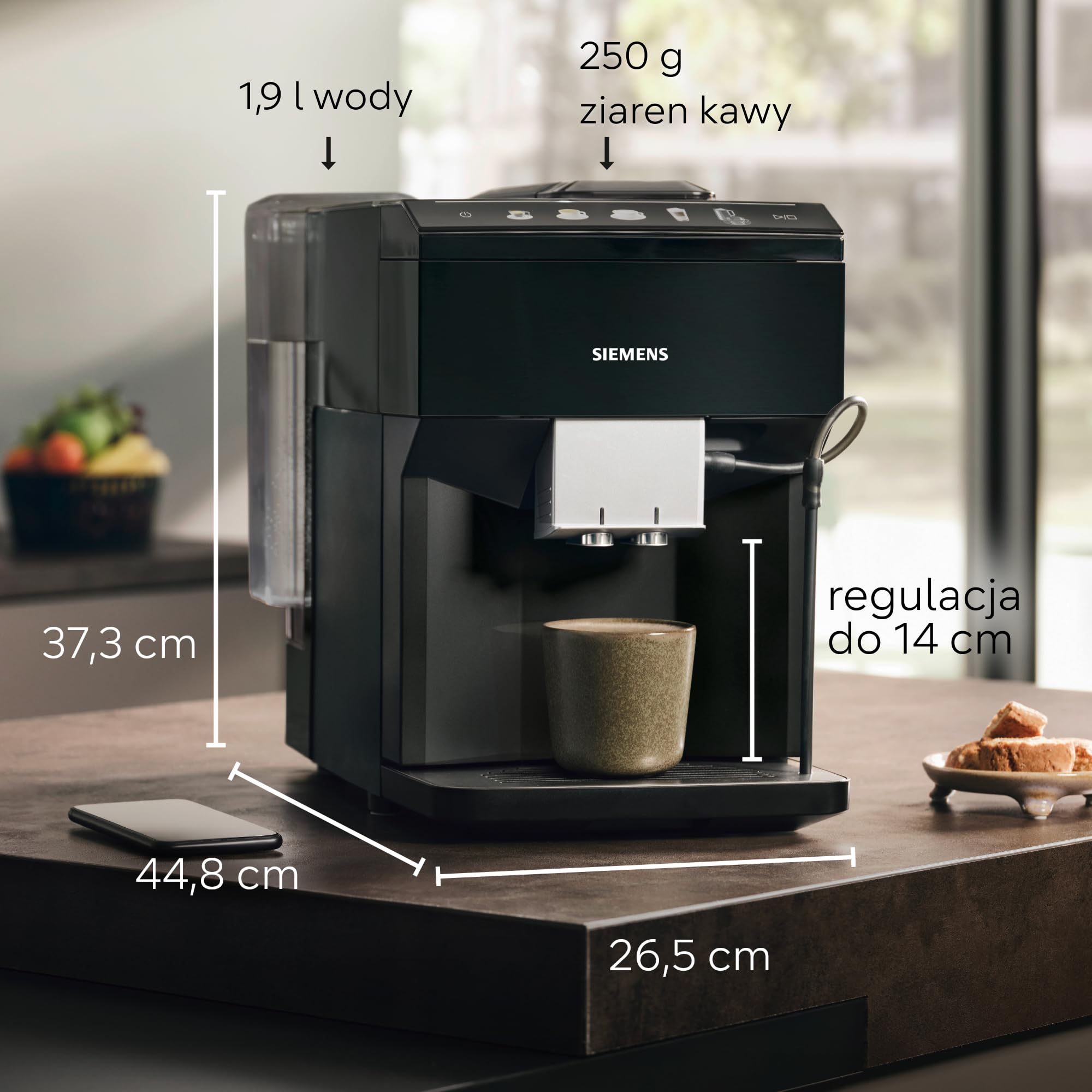 Siemens EQ500, automatyczny ekspres do kawy, aromaDouble Shot, automatyczny system czyszczenia parą, ceramDrive, wyświetlacz coffeeSelect, funkcja dwóch filiżanek, TP511E19, czarny