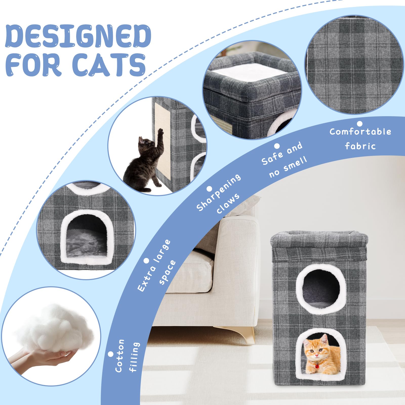 Cuccia per Gatti da Interno, Letto a 3 Piani per Più Gatti, Nicchia Comoda per Animali Domestici, Struttura Stabile, Piega & Facile da Installare, Casetta Chiuso,Grigio,39×39×66cm