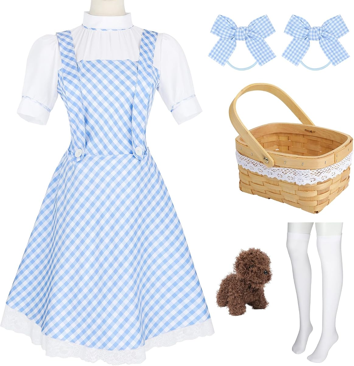 Costume for Women Fairytale Outfit with Bamboo Basket, Socks, Hair Bow, and Toy Puppy