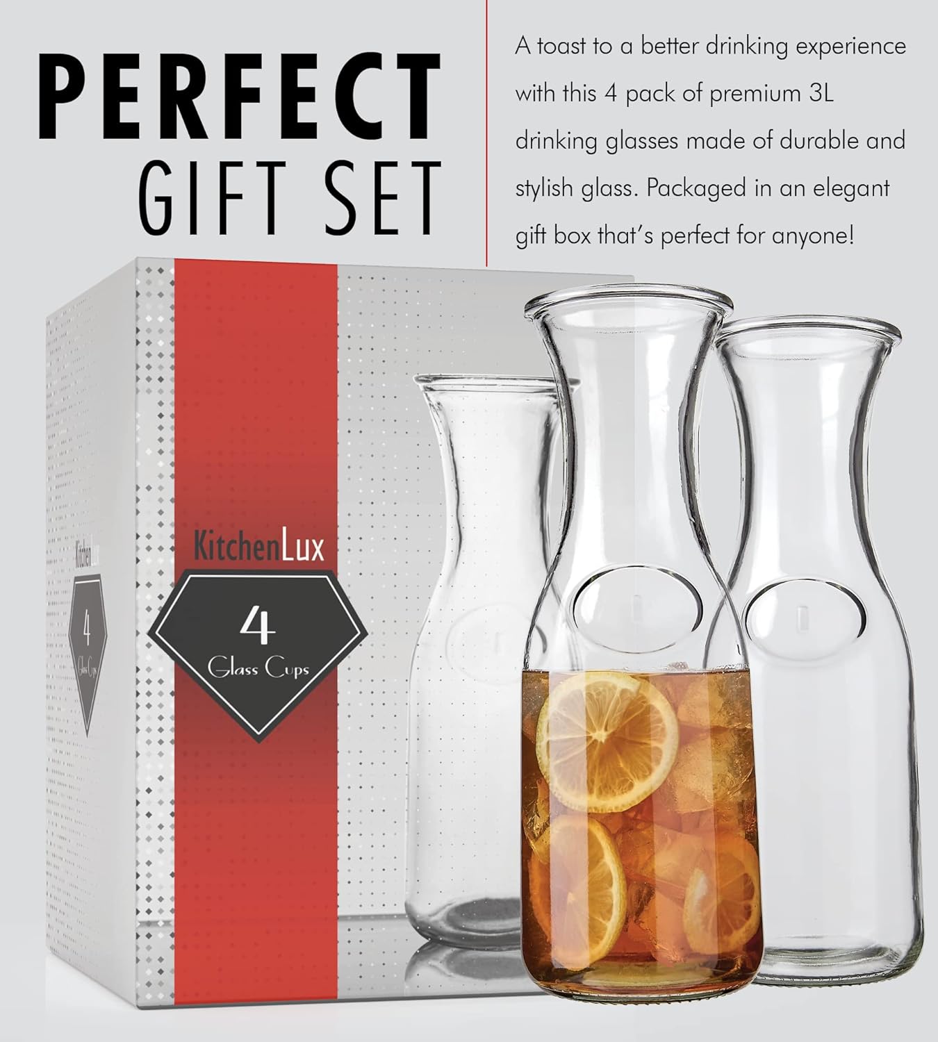 Kitchen Lux Glass Carafe - 1 Liter Drink Pitcher & Elegant Wine Carafe Decanter - Carafe Set of 4 - Mimosa Bar Carafes & Juice Glasses - Easy Pour Bottles - Glass Water Carafe, 34 oz