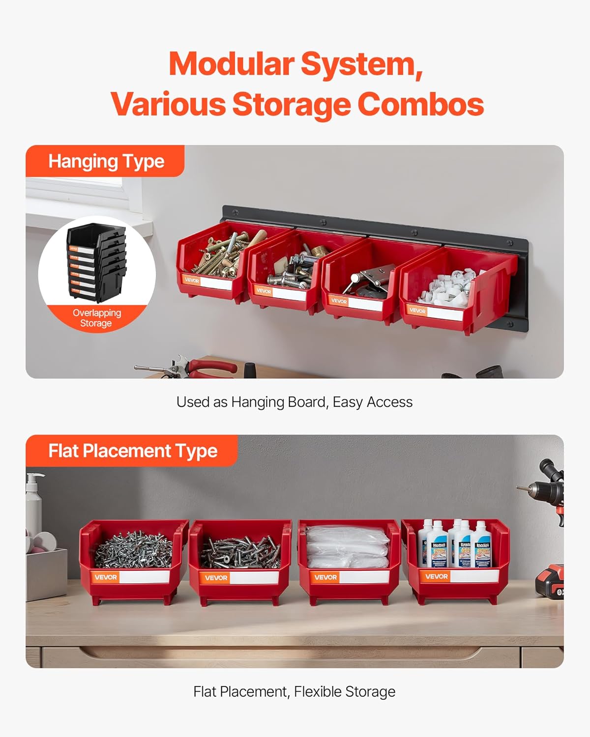 VEVOR Wall Mounted Storage Bins, 12 Plastic Bins & 3 Metal Rails, Plastic Hanging Stackable Storage Bin for Screws, Nuts, Bolts, Nails, Hardware Tool Organizer for Workshop, Craft Room, Garage, Red