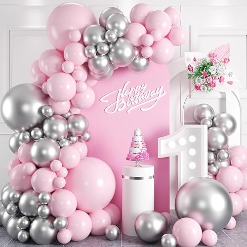 Vista 3 de Kit de arco de globos rosa y plateado, kit de guirnalda de globos de color rosa macarrón plateado metálico, globos de látex de helio de diferentes