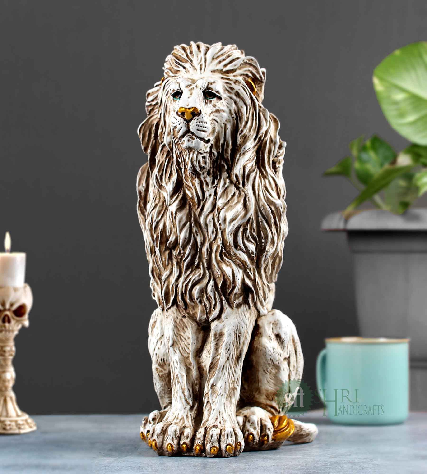 15" Handmade Lion Sitting Statue Stone Finish Animal Figurines Gifts Antique Design for Home Decoration Living Room Bedroom (White, Pack of 1)