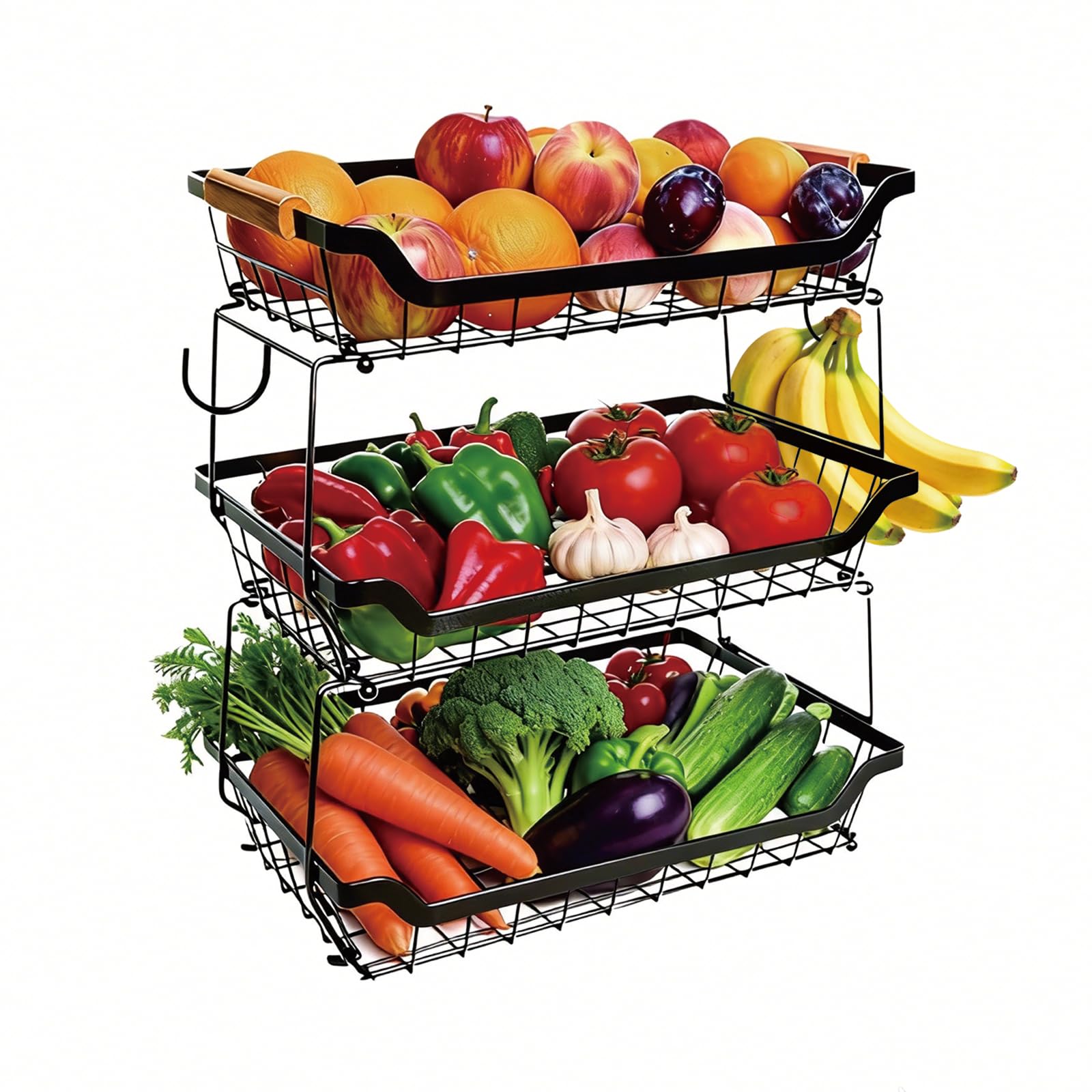 Afeeler Obstkorb mit 3 Etagen und 2 Bananenaufhängern für Küchenarbeitsplatte, Metall Abnehmbare Obst Etagere für Gemüse, Obst, Snacks, Obst Aufbewahrung Gemüse