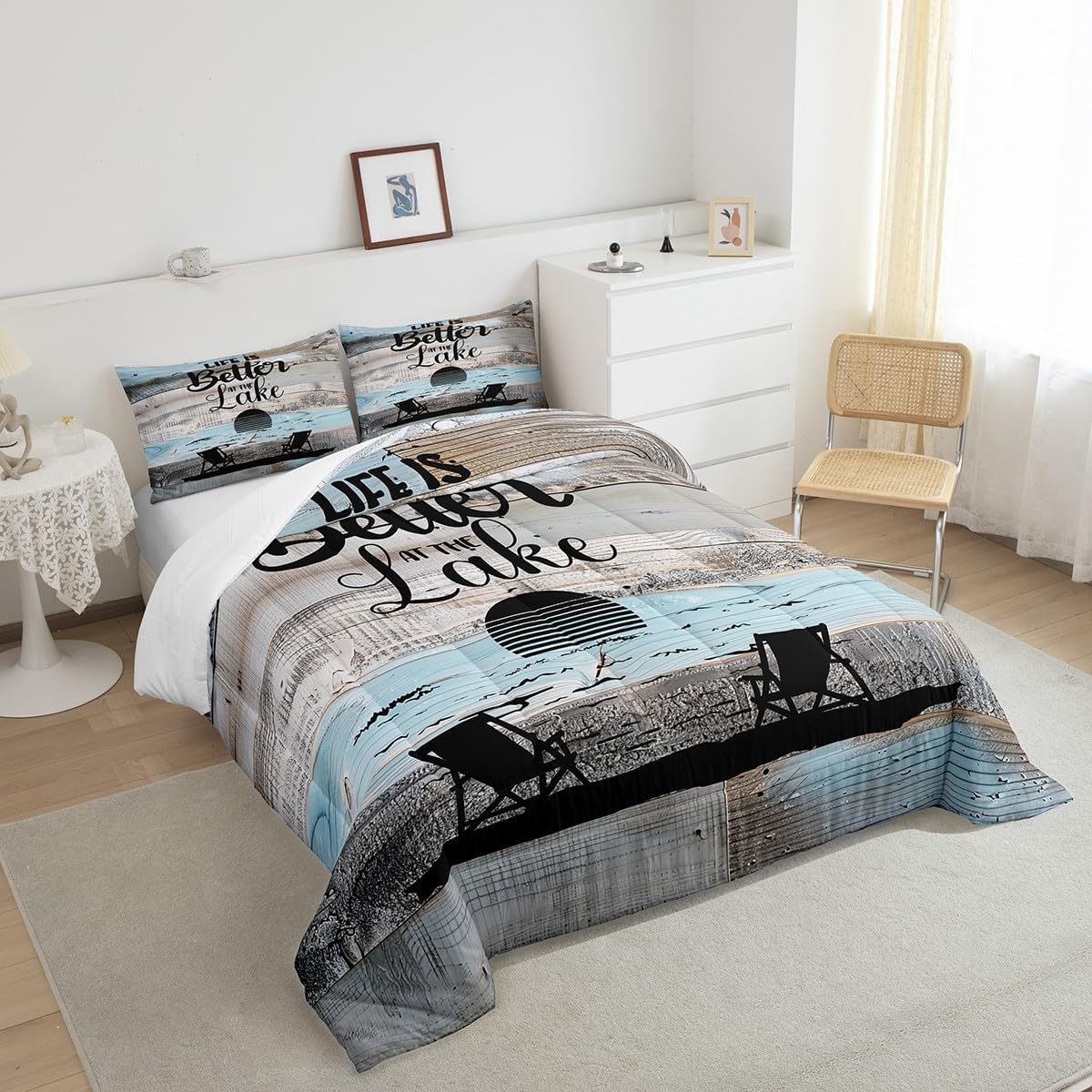 Lake House Bedding Set Twin Size, Rustic Farmhouse Comforter Set For Kids Teens Adult Women Bedroom Decor, Wooden Barn Door Quilt Ocean Beach Duvet Insert Lake House Decor For The Home, Blue Grey