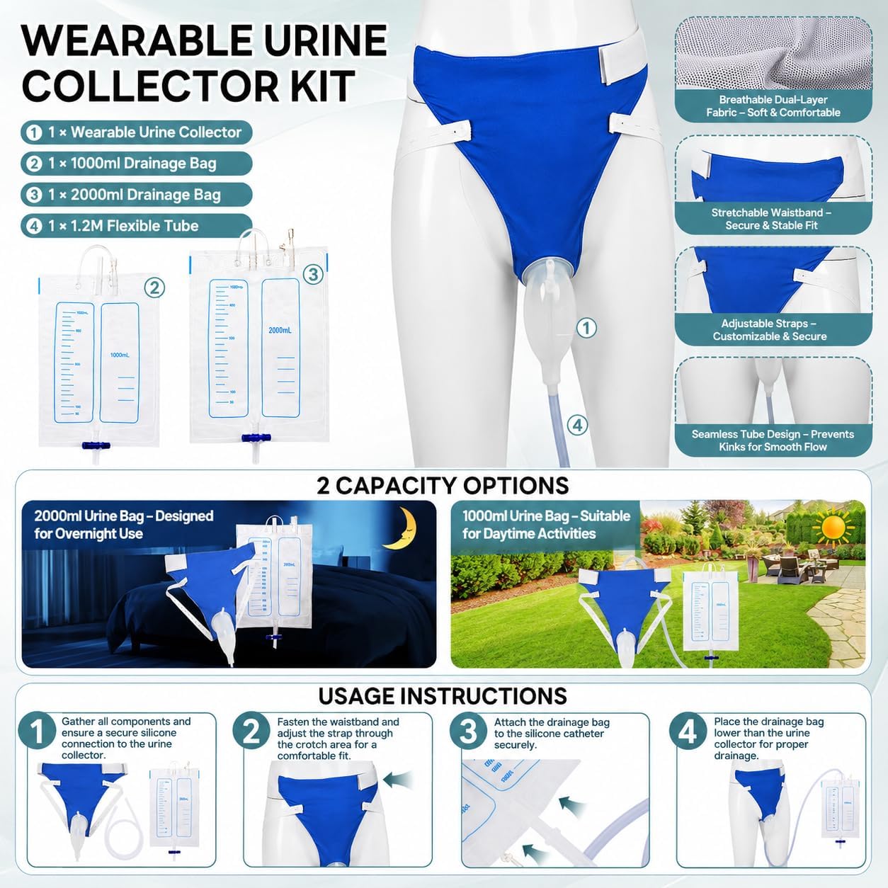 Wearable Urine Collection System with 1000ml & 2000ml Drainage Bags, Reusable Silicone, Soft Adjustable Cotton Pants for All-Day Comfort, Men Black