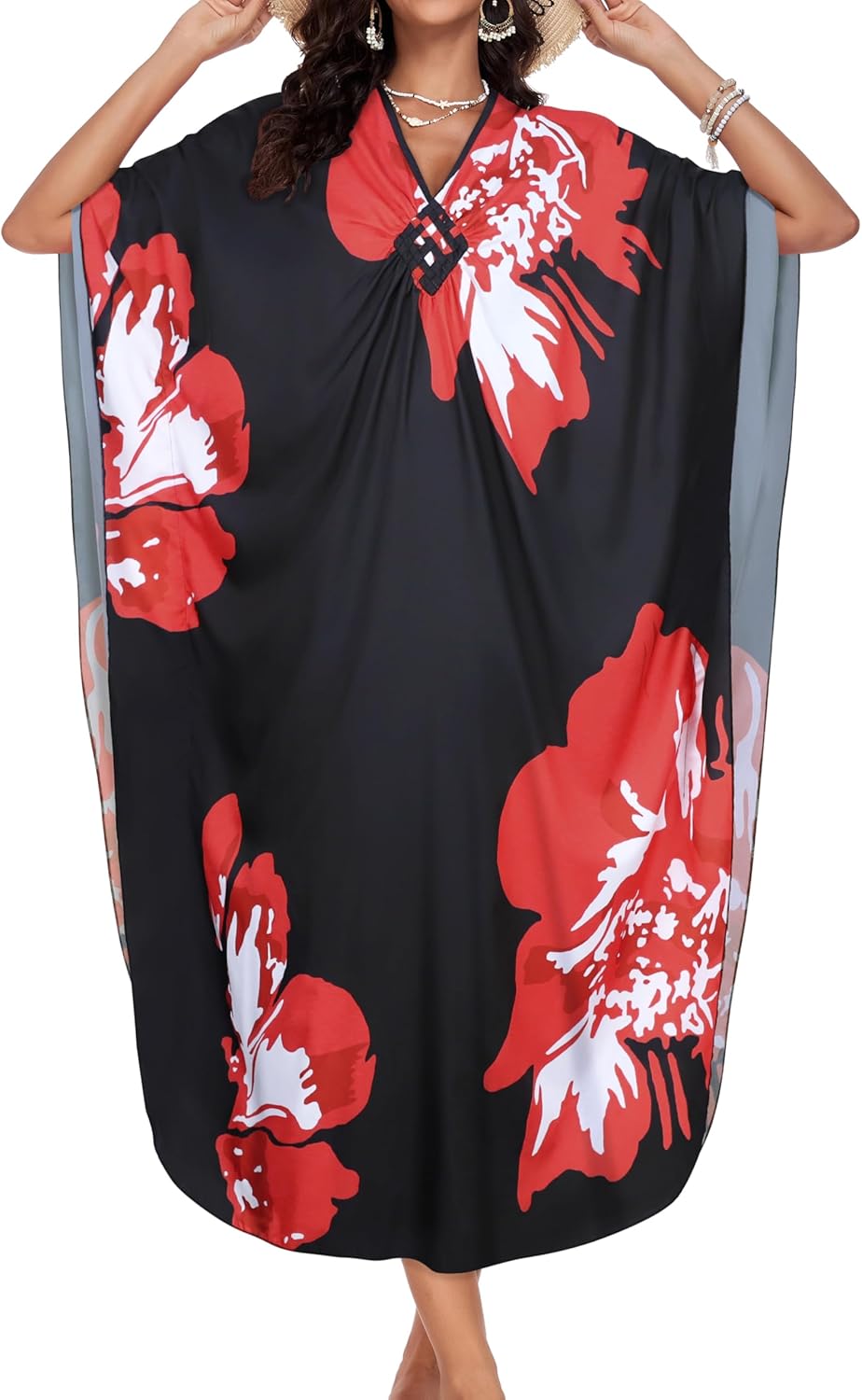 Kaftan Dresses for Women Plus Size V Neck Caftans Long Batwing Sleeve Beach Cover U... - Image 5