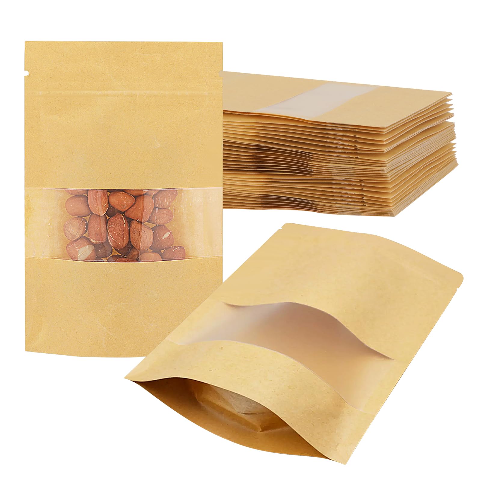 50pcs Resealable Kraft Paper Bags with Window, Reusable Sample Bags Coffee Bags Packaging Bags, 3.5"×5.5" Zip Lock Food Storage Bags for Packaging Products
