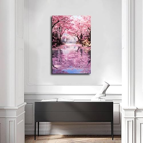 Miniatura 2 de ELdtec Póster de flores de cerezo, lienzo para pared, decoración de sala de estar, dormitorio, pintura al óleo moderna (sin marco, 16 x 24 pulgadas)