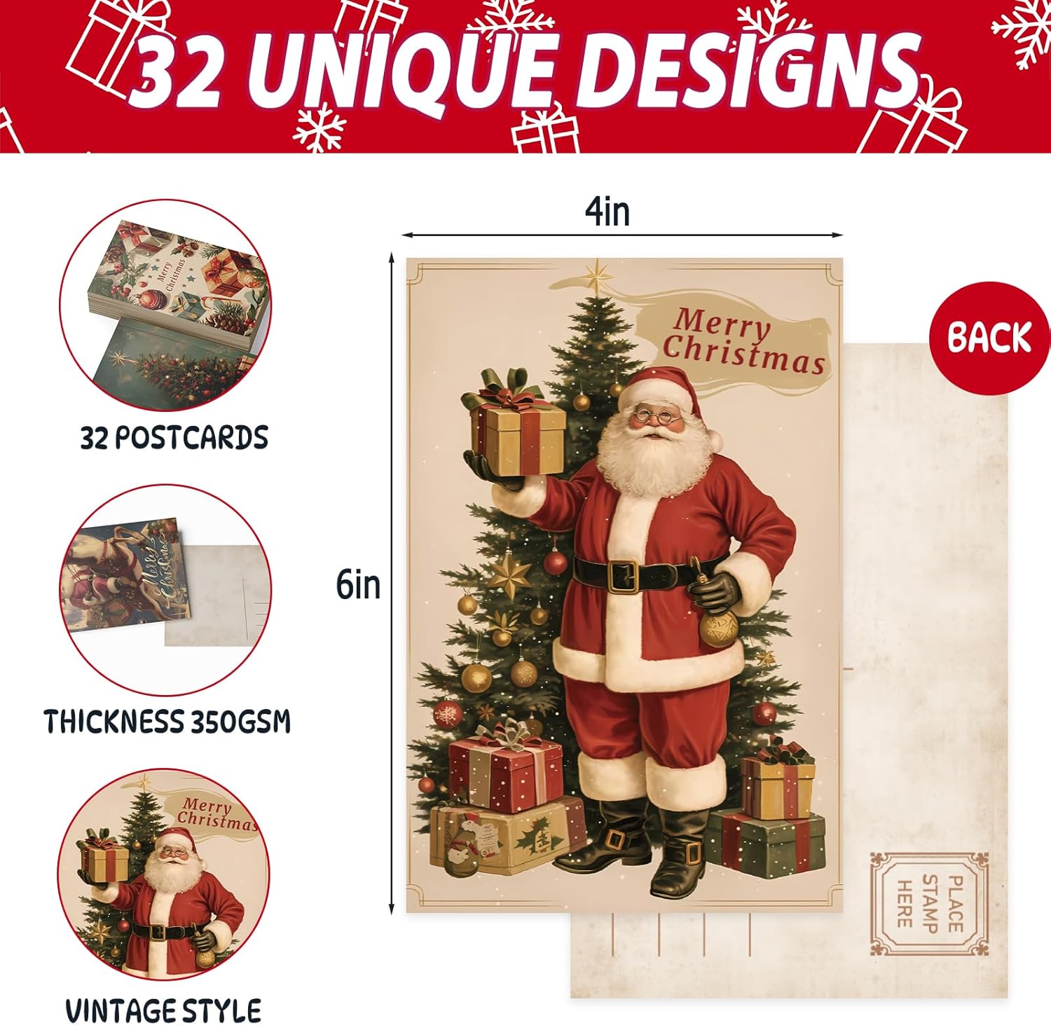 32 Vintage Christmas Postcards, Santa Claus Snowman Reindeer Pattern, Blank Christmas Greeting Cards Decorations, Retro Post Cards for Holiday Party Favors, 350gsm, 4 x 6 Inch - Image 2