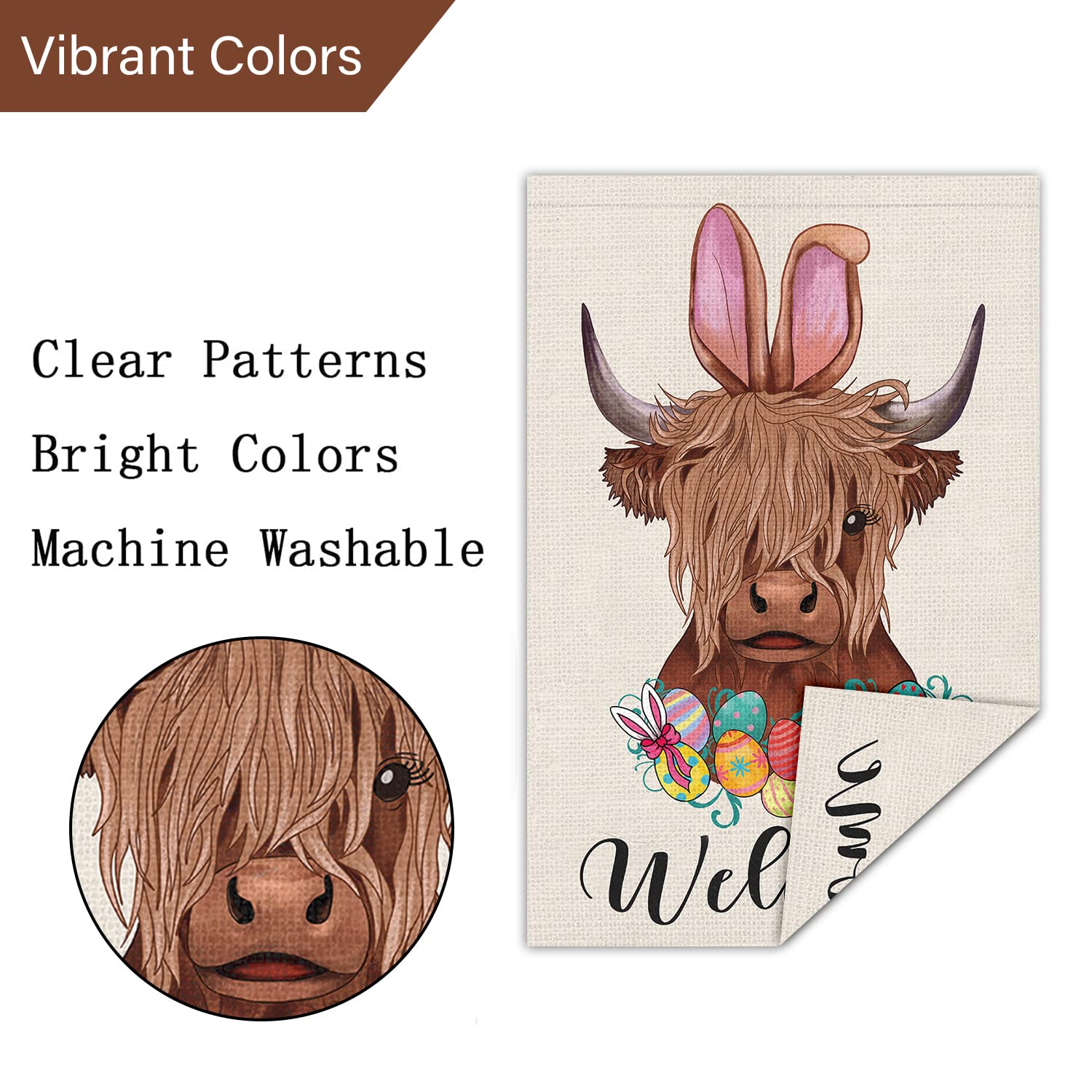 ハッピーイースター ガーデンフラッグ 12x18インチ 両面黄麻布、小さな垂直イースターハイランド牛 ウェルカムガーデンヤードフラッ