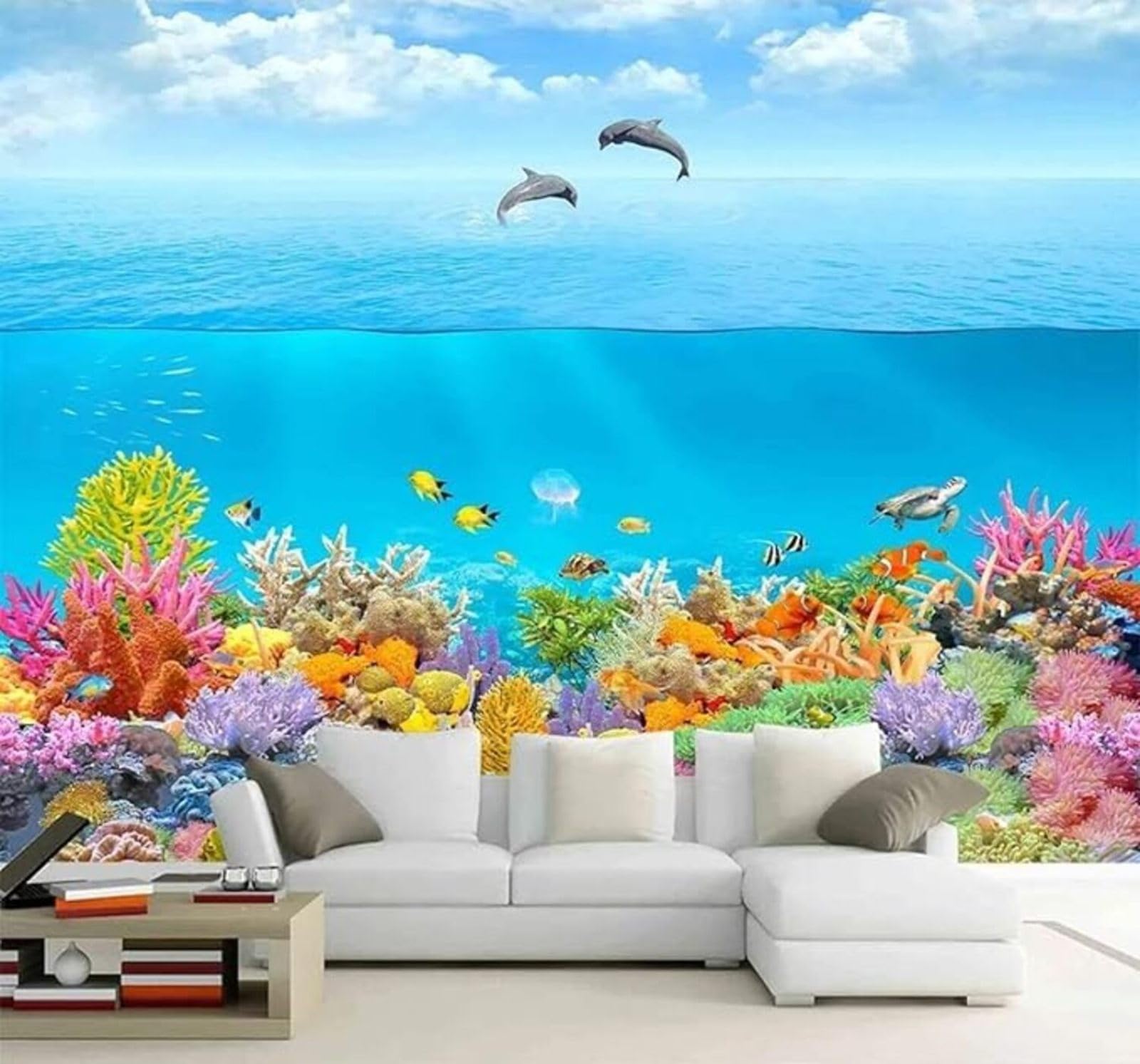 XLMING Fresh Beautiful Underwater World Dolphins Coral 3D Wallpaper Luxury Home Dining Decor Paste Sofa Living Room The Wall for Bedroom Mural-350cm×256cm